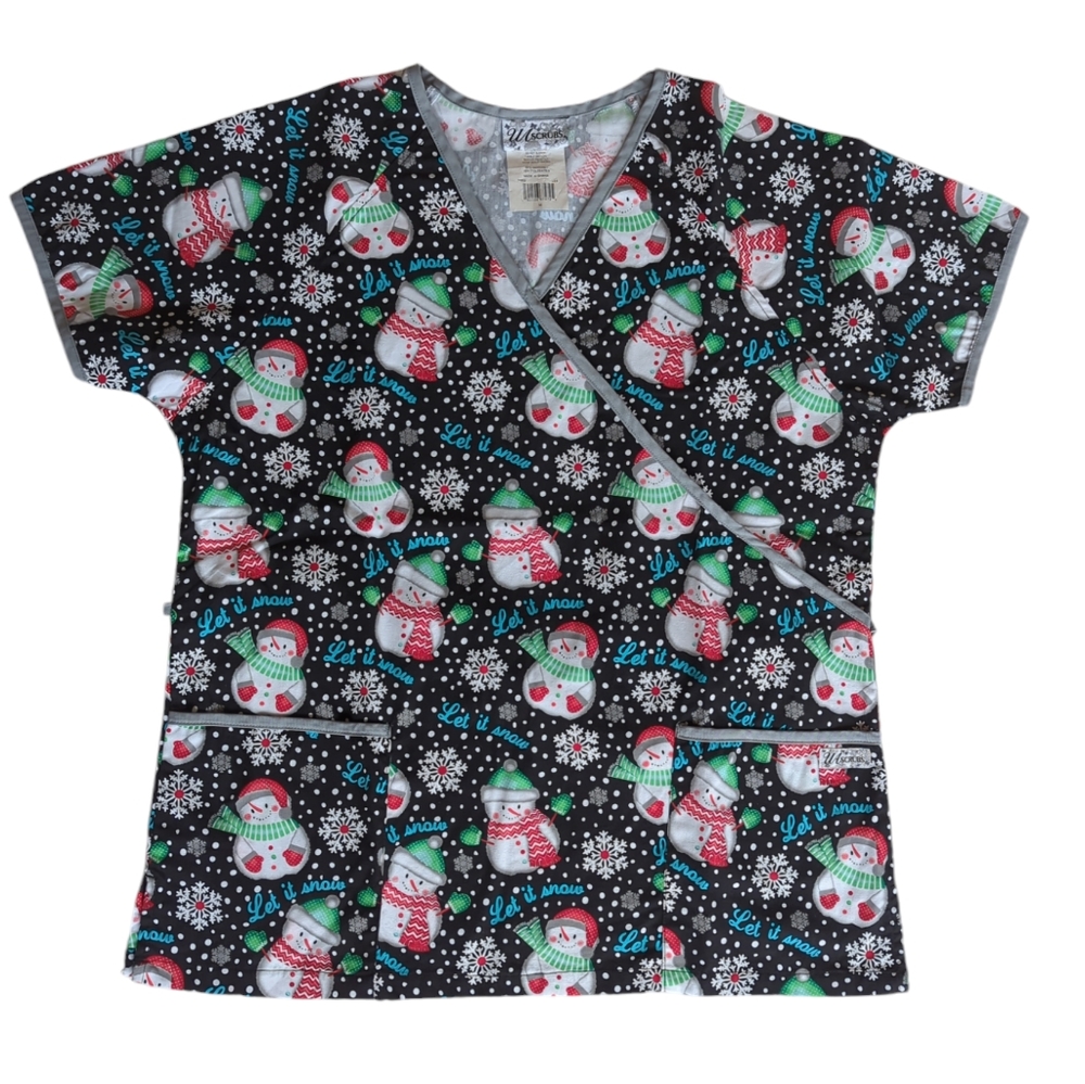 UA Scrubs Snowman V Neck Crossover Holiday Nurse Scrub Top M Black Red Pockets